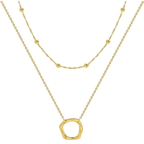 Gold 18k Gold Plated 2pc Beaded Necklace with Circle Pendant Necklace - Picture 4 of 4